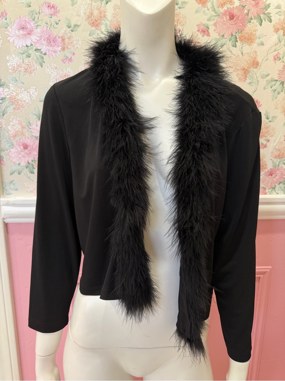 American Vintage Black Faux-Fur Trim Cropped Open Front Blazer